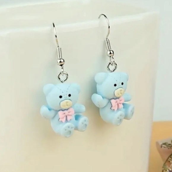 Blue Teddy Bear Earrings with Wire Hook - Picture 1 of 3